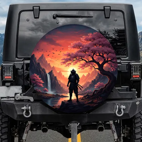 Samurai Warrior Cherry Blossom Mountains - Travel Essentials for Samurai Lover Spare Tire Cover