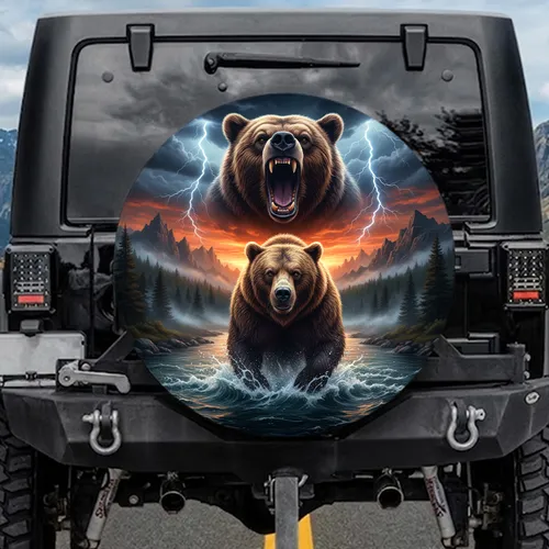Grizzly Bear River Storm Sky Wilderness - Wildlife Lover Gift Spare Tire Cover