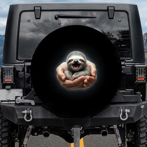 Baby Sloth Yawning Snuggled Hands Deep Forest - Wildlife Lover Gift Spare Tire Cover