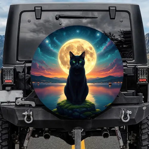 Black Cat Full Moon Galaxy Night Sky - Cat Lover Gift Spare Tire Cover