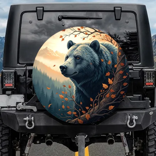 Grizzly Bear Head Autumn Leaves Mountain Forest Wildlife Lover Gift Spare Tire Cover