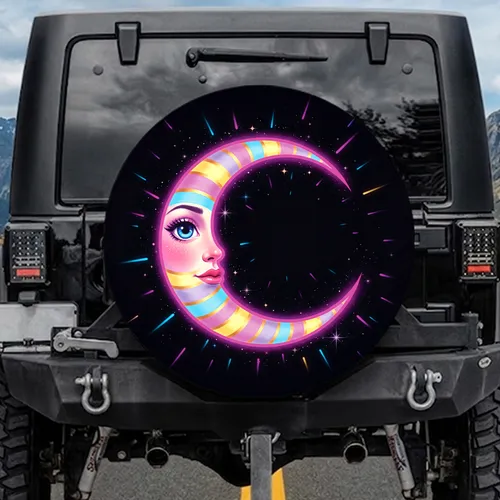 Crescent Moon Face Cosmic Stars Streaks - Travel Essentials Gift Spare Tire Cover