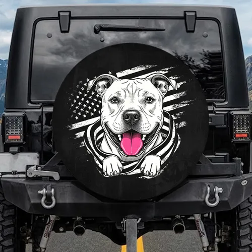 Happy Pitbull Dog Face Black White American Flag - Patriotic Decor for Dog Lovers Spare Tire Cover