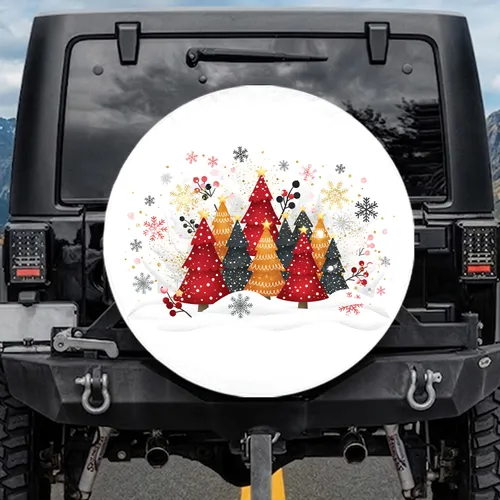 Red Charcoal Golden Christmas Trees Winter Snowflakes Berries - Holiday Gift Spare Tire Cover