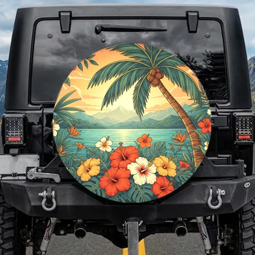 Tropical Hibiscus Palm Tree Ocean Mountain Sunset - Tropical Car Decor Gift Spare Tire Cover