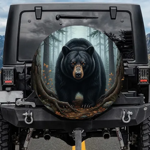Black Bear Evergreen Forest Roots Autumn Wilderness - Wildlife Lover Gift Spare Tire Cover