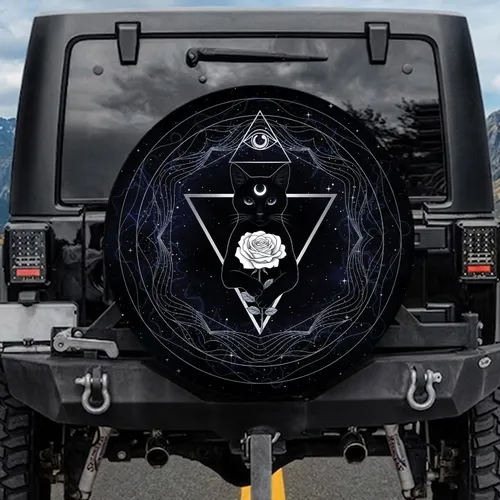 Black Cat Crescent Moon Rose Eye of Providence Pyramid - Occult Enthusiast Gift Spare Tire Cover