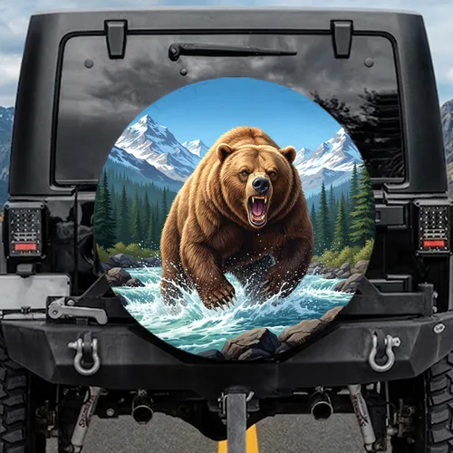 Claws Extended Roaring Grizzly Bear Forest Mountain River - Wildlife Lover Gift Spare Tire Cover