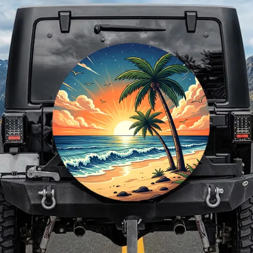 Tropical Beach Sunset Palm Trees Ocean Waves - Travel Essentials for Beach Lover Spare Tire Cover