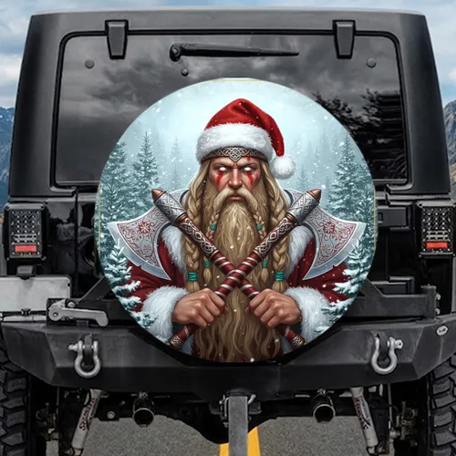 Viking Santa Celtic Knots Battle Axes Winter Holiday Gift for Norse Mythology Fan Spare Tire Cover