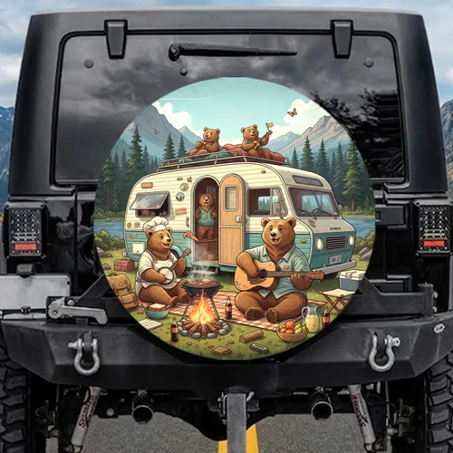 Bear Family Camping RV Adventure - Outdoor Travel Gift for RV Owners Spare Tire Cover
