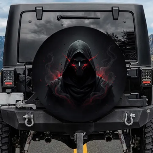 Mysterious Cloaked Figure Crimson Splatters - Gothic Lover Gift Spare Tire Cover