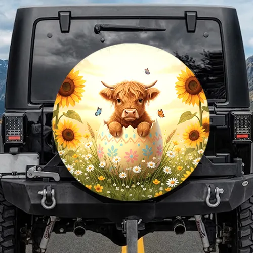 Baby Highland Cow Easter Egg Sunflowers - Spring Holiday Gift for Cow Lover Spare Tire Cover