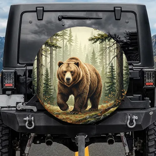 Majestic Brown Grizzly Bear Pine Fir Forest Wilderness Scene - Wildlife Lover Gift Spare Tire Cover