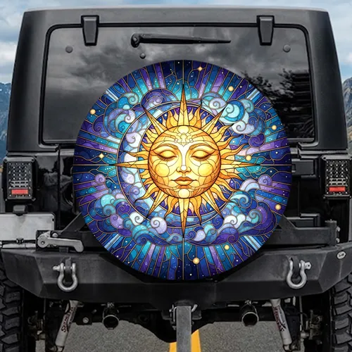 Celestial Sun Human Face Crescent Moon Clouds Nebulae Light Rays - Cosmic Lifestyle Gift Spare Tire Cover