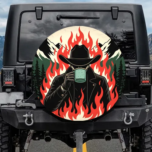 Anonymous Figure Cowboy Hat Mug Red Flames Mountain Pine - Rugged Adventure Gift Spare Tire Cover