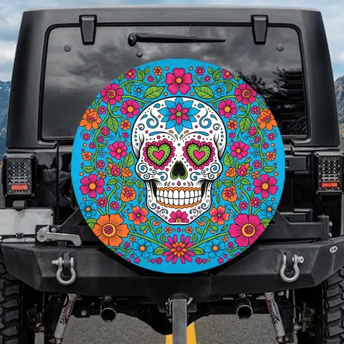 White Sugar Skull Calavera Mexican Floral - Dia de los Muertos Celebration Spare Tire Cover