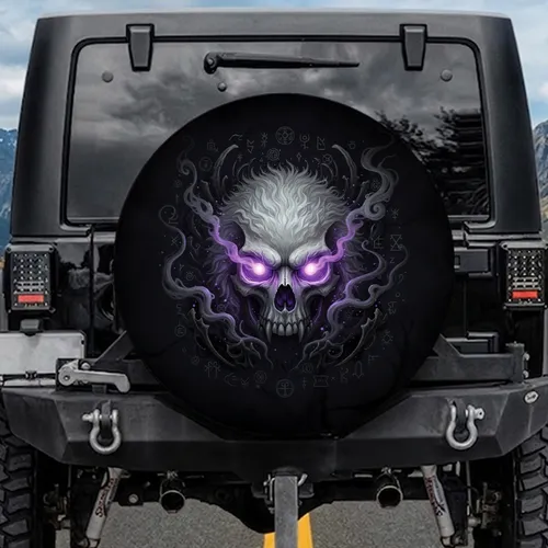 Shaggy Furry Skull Purple Eyes Mystical Symbols Dark Energy - Home Decor Gift Spare Tire Cover