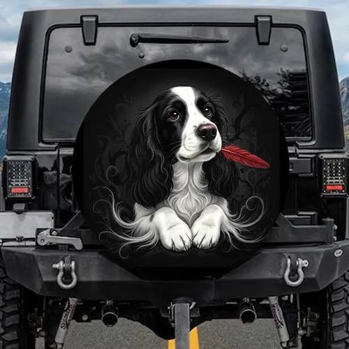 Black White Spaniel Dog Red Feather - Dog Lover Home Decor Gift Spare Tire Cover