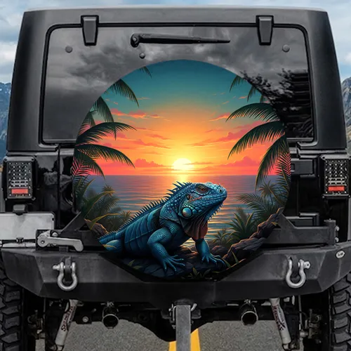 Tropical Blue Iguana Fiery Sunset Ocean Palm Scene - Wildlife Lover Gift Spare Tire Cover