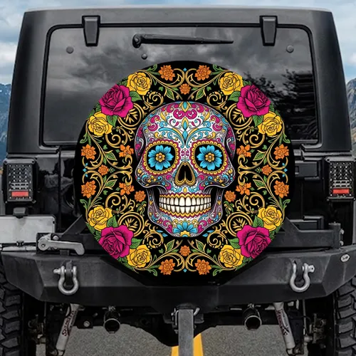 Calavera Sugar Skull Floral Tapestry - Mexican Folk Art Gift Spare Tire Cover