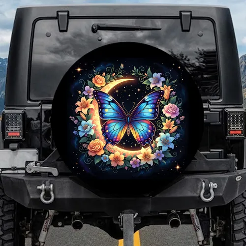 Intricate Butterfly Crescent Moon Flowering Blossoms - Celestial Lover Gift Spare Tire Cover