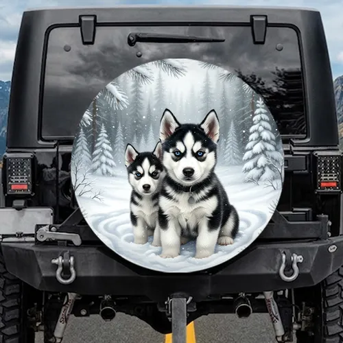 Husky Puppies Winter Forest Snowscape - Cold Weather Decor Gift for Dog Owners Spare Tire Cover