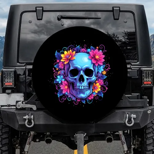Neon Skull Magenta Blue Floral Botanical - Synthwave Car Accessory Gift Spare Tire Cover
