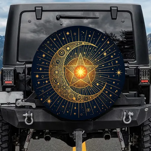 Mystical Golden Crescent Moon Star Celestial Cosmic Night Sky - Astrology Lover Gift Spare Tire Cover