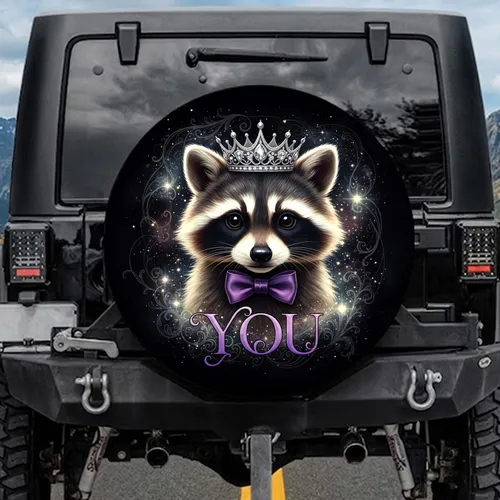 Baby Raccoon Silver Crown Purple Bow Tie YOU Cosmic Star Dust - Wildlife Lover Gift Spare Tire Cover