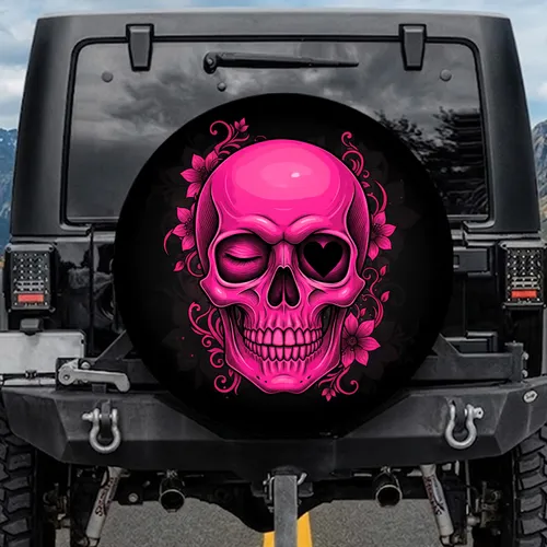 Magenta Winking Skull Heart Eye Gothic Floral - Gothic Style Gift Spare Tire Cover