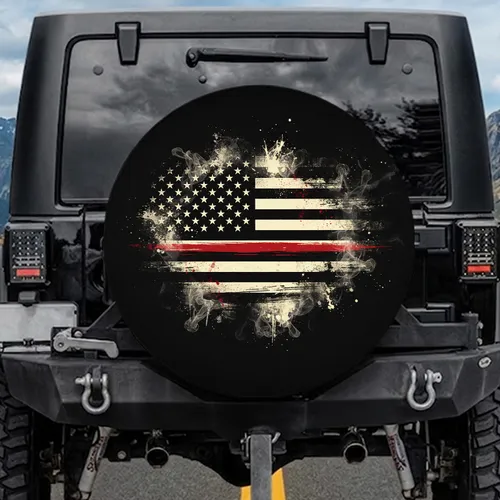 Distressed American Flag Thin Red Line Paint - Independence Day Gift for Veterans Spare Tire Cover