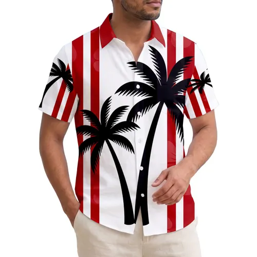 Black Palm Trees White Stripe Red White Pinstripes Summer Vacation Gift Hawaiian Shirt