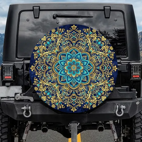 Symmetrical Floral Mandala Multi-Petaled Flower Stylized Leaves Scrollwork Vines - Home Decor Gift Spare Tire Cover