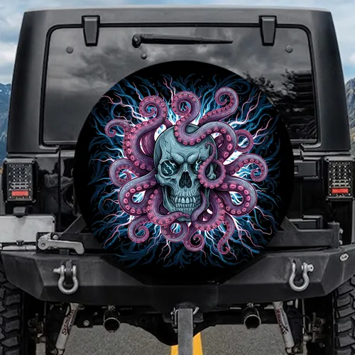 Glowing Blue Skull Purplish Pink Octopus Tentacles Swirling Deep Sea Current - Decor Gift Spare Tire Cover