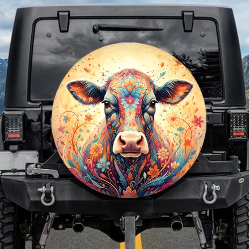 Colorful Floral Paisley Cow Head - Boho Lifestyle Decor Gift for Cow Lover Spare Tire Cover