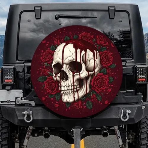 Weathered Skull Blood Drips Roses - Gothic Decor Gift for Skull Lover Spare Tire Cover