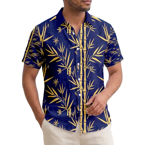 Deep Midnight Blue Golden Yellow Bamboo Stalks and Pointed Leaves - Tropical Holiday Gift Hawaiian Shirt