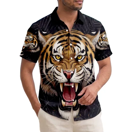 Roaring Tiger Head Glowing Eyes Monstera Palm Leaves Volcanic Rock - Tropical Wildlife Lover Gift Hawaiian Shirt