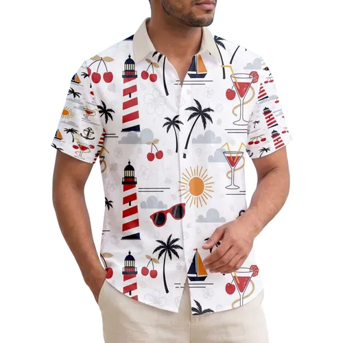 Lighthouses Palm Trees Sailboats Cocktail Glasses - Summer Vacation Essentials Hawaiian Shirt