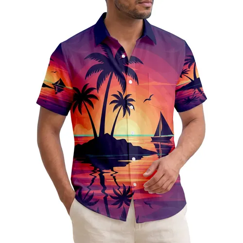 Island Palm Trees Sailboat Ocean Sunset Scene - Home Decor Gift for Travelers Hawaiian Shirt
