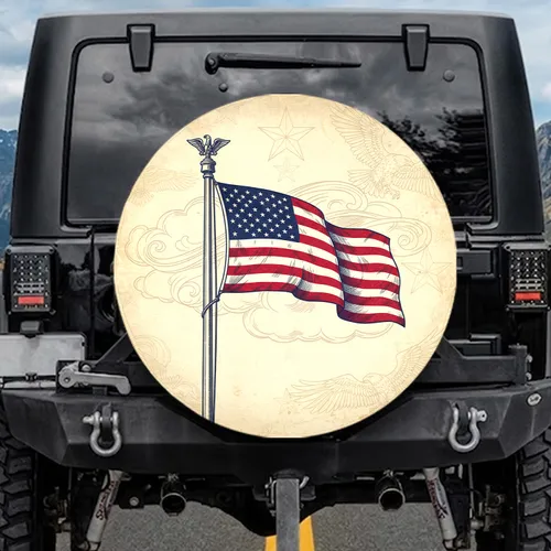 Waving American Flag Aged Parchment Bald Eagle Independence Day Gift for Veterans Spare Tire Cover