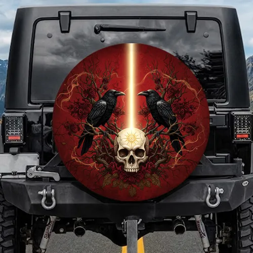 Realistic Skull Sunburst Ravens Skeletal Branches - Gothic Home Decor Gift Spare Tire Cover