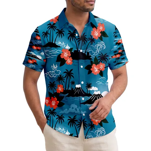 Tropical Palm Tree Island Ocean Flowers Volcanic Moon - Island Home Decor Hawaiian Shirt