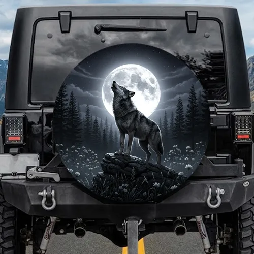 Gray Wolf Howling Rock Pine Trees - Full Moon Night Sky Wilderness Wildlife Lover Gift Spare Tire Cover