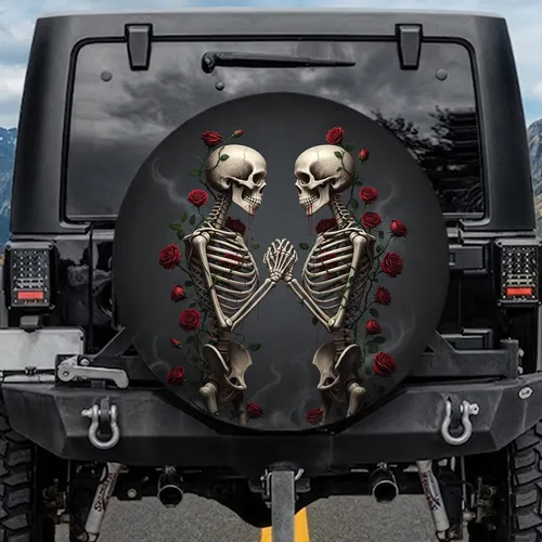 Gothic Skeleton Couple Red Roses Clasped Hands - Eternal Bond Love Story Gift Spare Tire Cover