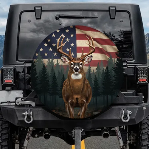 Majestic Buck Distressed American Flag Forest - Independence Day Gift for Veterans Spare Tire Cover