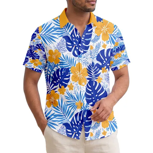 Indigo Azure Golden Orange Tropical Palm Monstera Flowers - Home Decor Gift Hawaiian Shirt