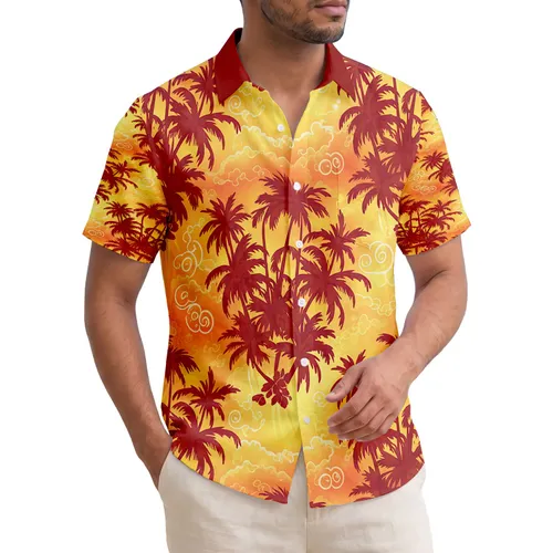 Silhouetted Palm Trees Golden Sunset Sky - Island Getaway Travel Essentials Hawaiian Shirt