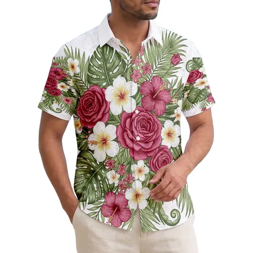 Deep Pink Crimson Roses Hawaiian Hibiscus Plumeria Palm Fronds - Gift for Tropical Home Decor Hawaiian Shirt